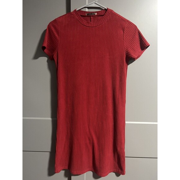 Zara Women Ribbed Crew Neck Short Sleeve Mini Bodycon Dress Red Small - Picture 1 of 3